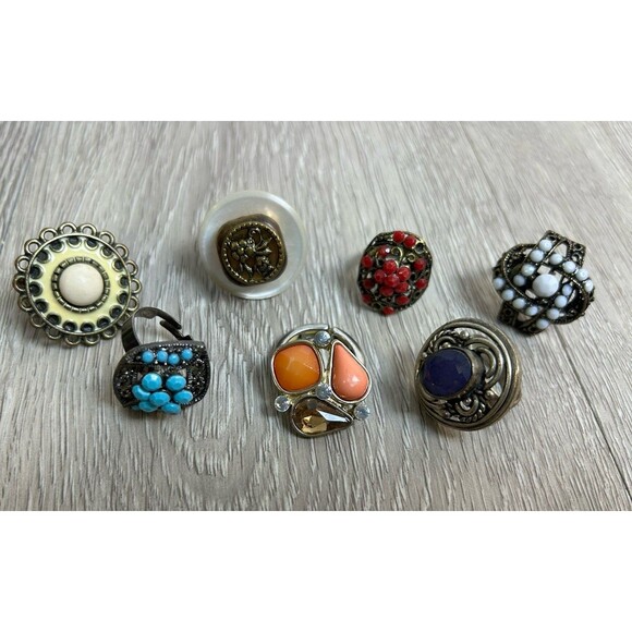 Lot Of 7 Vintage Adjustable Rings Costume Jewelry Cocktail Rings - Picture 1 of 10